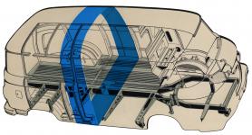 Schematick kresba z reklamnho prospektu, nzorn ukazujc princip nosn tunelov skoepiny, kter byla zkladem konstrukce samonosn karoserie Barkasu B 1000.