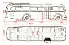 Rozměrový náčrt autobusové karoserie s ptříčně uspořádanými sedadly a jedinými (čtyřdílnými) vstupními dveřmi.