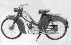 Tovární fotografie prvního typu brazilského mopedu Leonette s československým motorem Jawa 552. Moped dostal jméno podle křestního jména majitele firmy, pana Leona Herzoga a jeho typové označení bylo Leonette MKB 410.