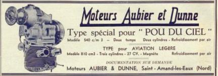 Reklama na letecké motory Aubier & Dunne se zdůrazněním, že tento dvouválec je specielně pro 