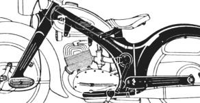 Schematická kresba uspořádání páteřového rámu s podvěšeným motorem a přední tlačenou kyvnou vidlicí.