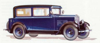 Škoda 430 tudor (dvoudveřová uzavřená karoserie) model 1929 na barevném vyobrazení z prospektu. Vůz byl vybaven zevnitř ovládaným hledacím reflektorem (na straně řidiče) a otočnou, v noci svítící, směrovou šipkou.