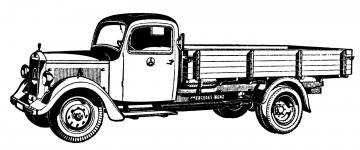 Mercedes 2,5 tuny v reklamní kresbě, uveřejněné v čs. časopisu Motor Revue v roce 1942.