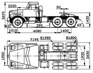 Rozměrový náčrt třínápravového sedlového tahače KrAZ 258 B1 s uspořádáním náprav 6x4.