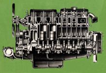 Z podélného řezu diesel-motorem Fiat typ 364 je zřejmá jeho dlouhá stavba.